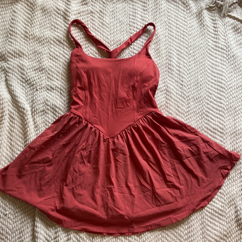 NWT Halara racer back dress with built in shorts in coral red/pink